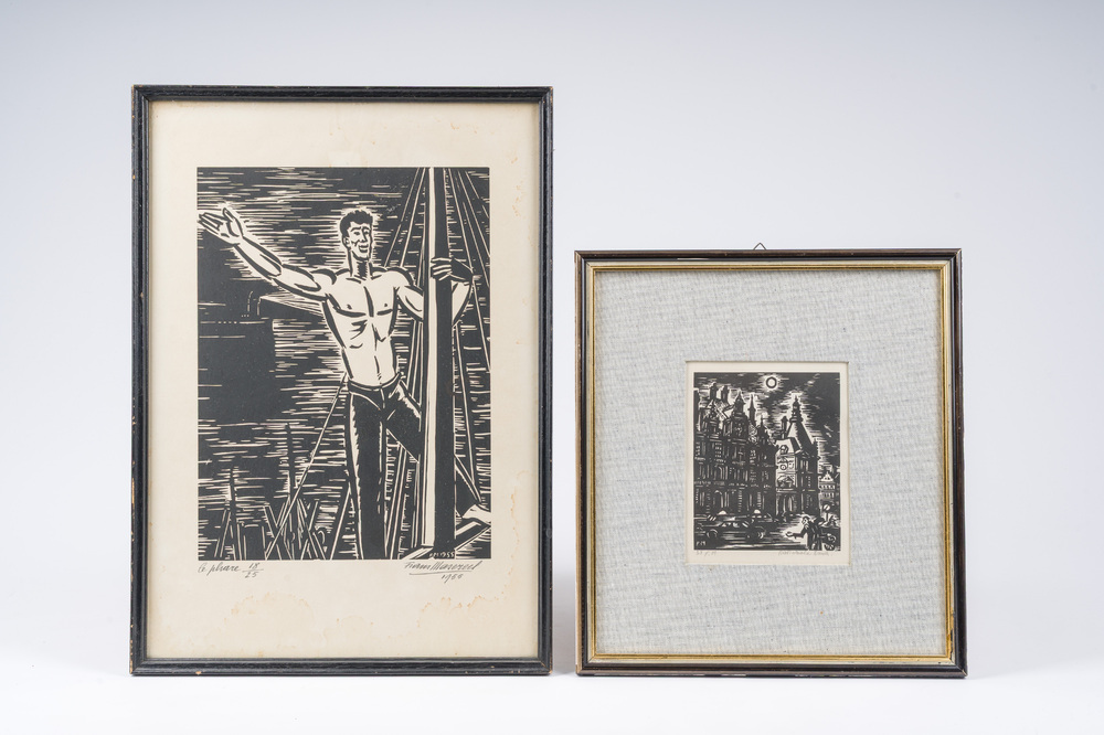 Frans Masereel (1889-1972): 'Nationale Bank' et 'Le Phare', deux gravures sur bois, dat&eacute; (19)38 et 1955