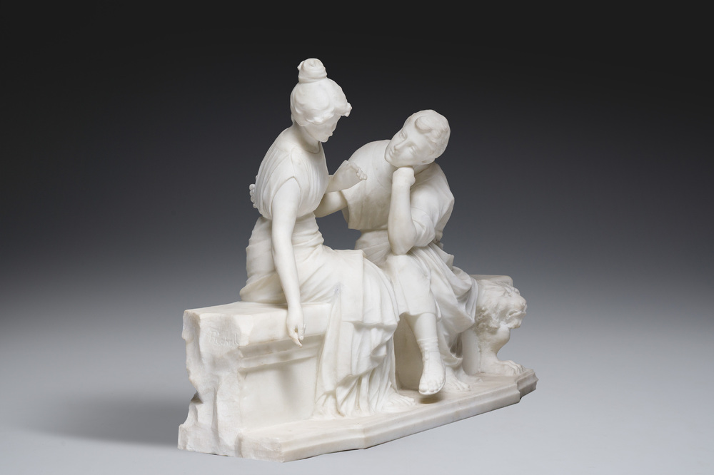 Richard Aurili (1834-ca. 1914, attribu&eacute; &agrave;): Groupe en marbre blanc d'un couple en train de se faire la cour sur un banc, d&eacute;but du 20&egrave;me si&egrave;cle