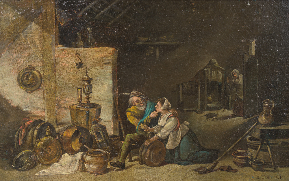 &Eacute;cole flamande, suiveur de David II Teniers (1610-1690): Int&eacute;rieur avec sc&egrave;ne de s&eacute;duction, huile sur toile, 19&egrave;me si&egrave;cle