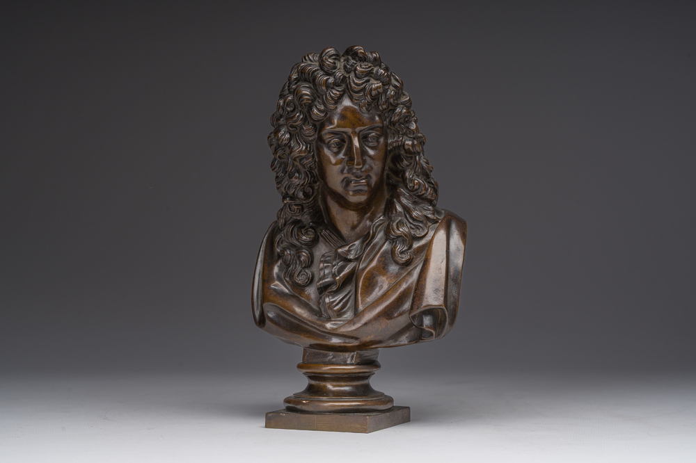 &Eacute;cole fran&ccedil;aise, suiveur de Fran&ccedil;ois Girardon (1628-1715): Buste de Jean Baptiste Racine (1639-1699), bronze &agrave; patine brune, 19&egrave;me si&egrave;cle