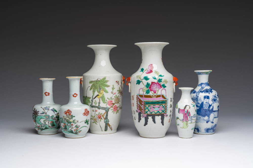 Six vases en porcelaine de Chine bleu, blanc, qianjiang cai, famille rose et verte, 19&egrave;me si&egrave;cle