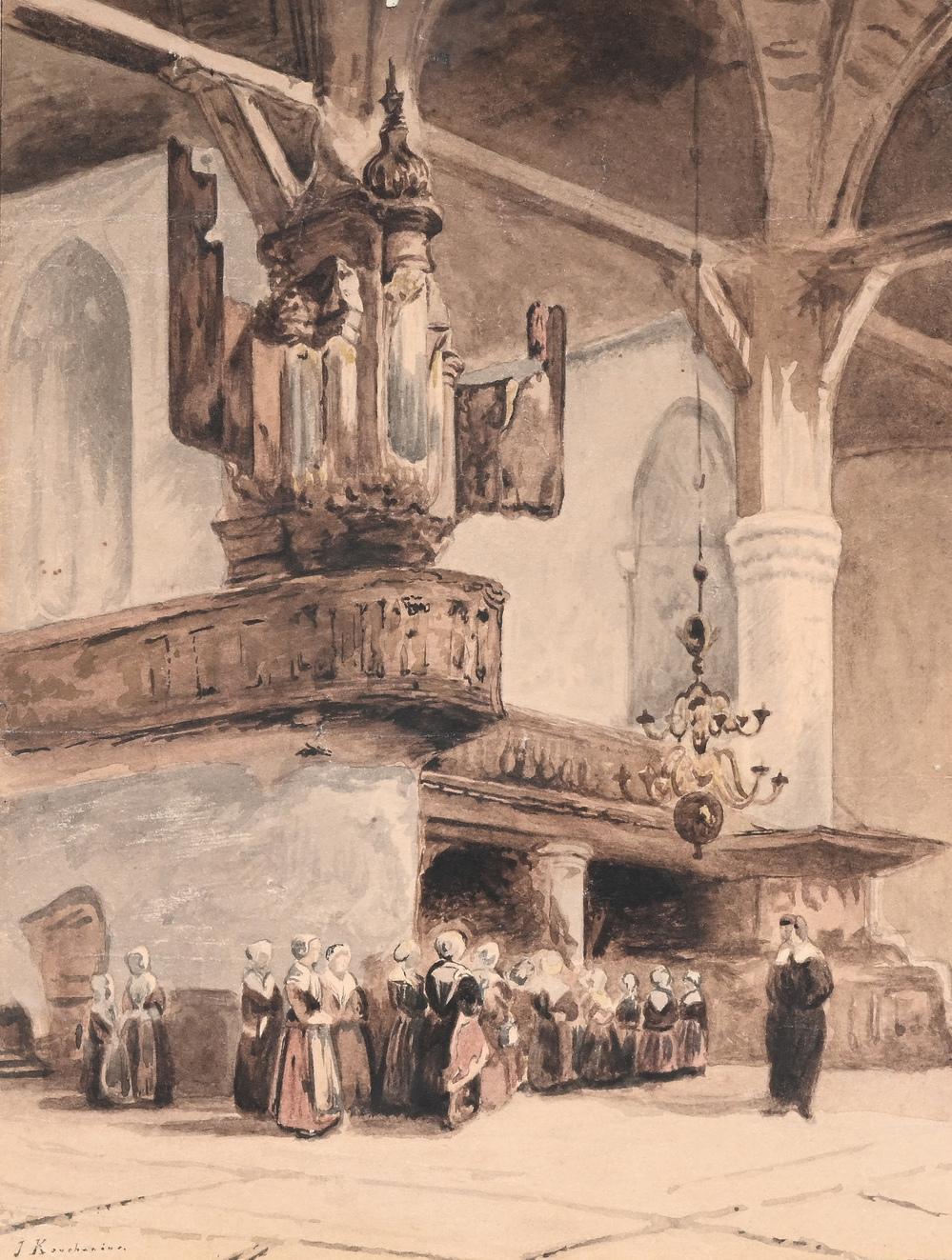 Sign&eacute; illisiblement: Int&eacute;rieur d'un monast&egrave;re, aquarelle sur papier, 19&egrave;me si&egrave;cle