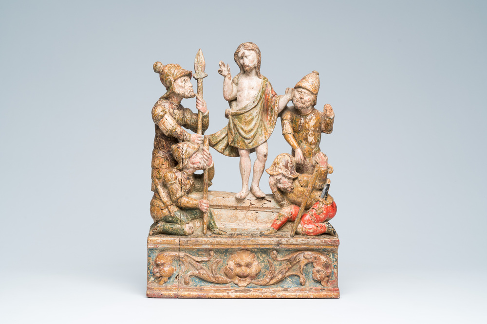 A Flemish or Northern French carved and polychrome painted wooden 'The Resurrection of Christ' retable group, 16th C.