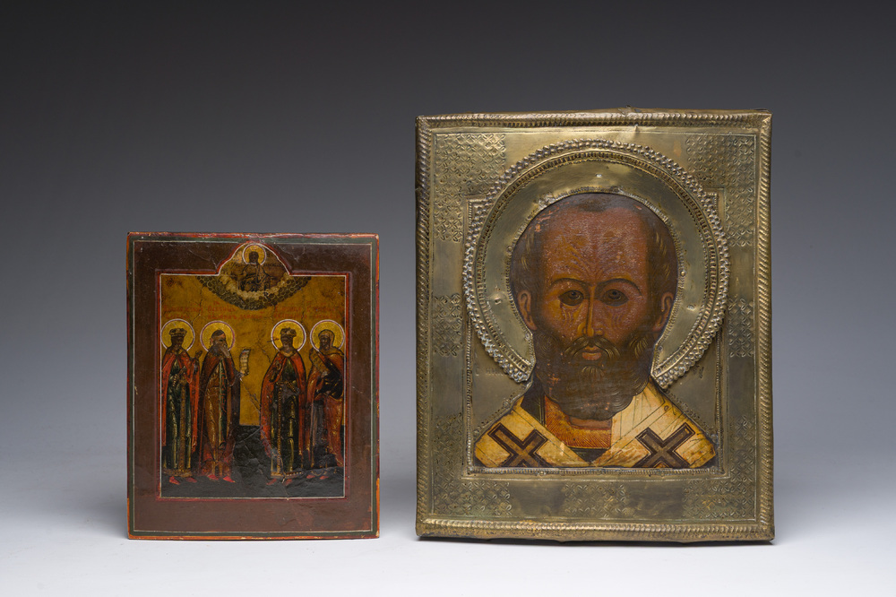 Deux ic&ocirc;nes orthodoxes, 'Saint Nicolas' et 'Quatre saints', Russie, 18&egrave;me/19&egrave;me si&egrave;cle