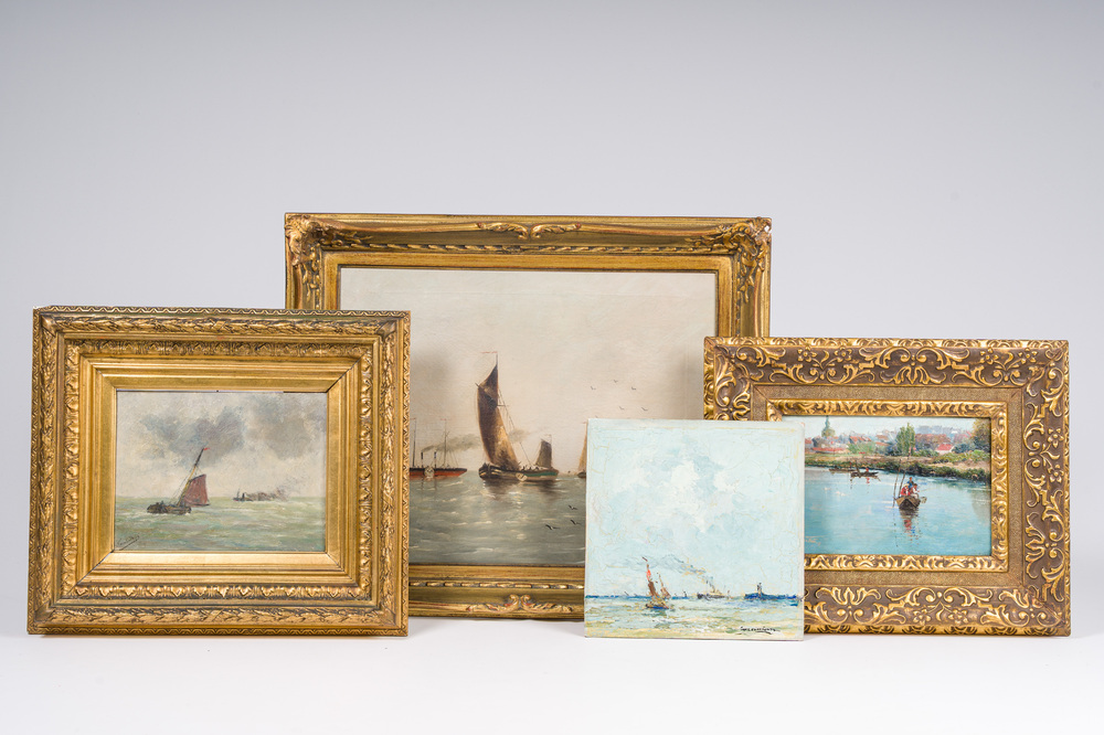 &Eacute;cole belge: Quatre marines, huile sur panneau et toile, 19&egrave;me/20&egrave;me si&egrave;cle