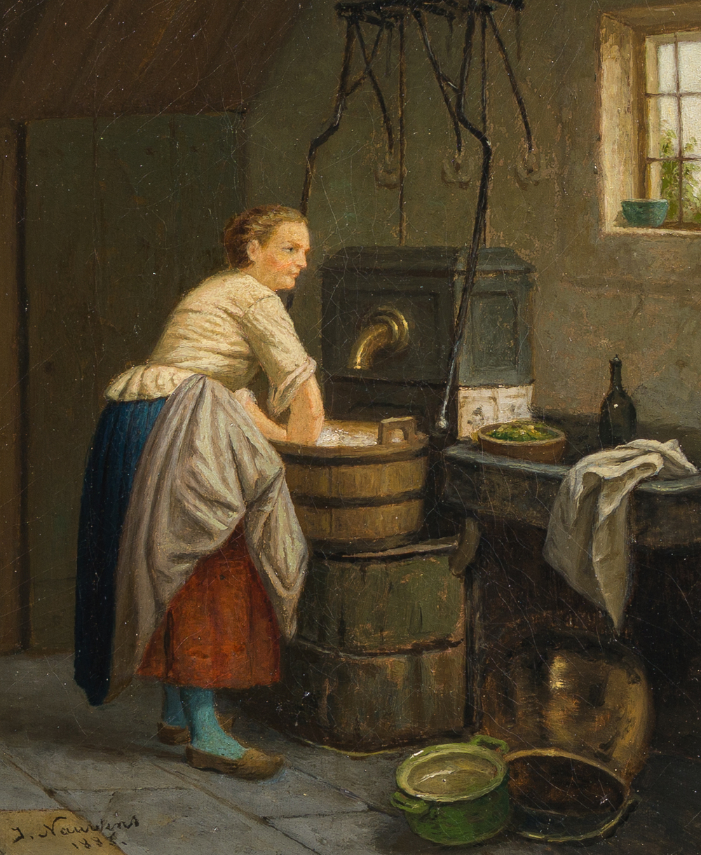 Josephus Nauwens (1830-1886 ou attribu&eacute; &agrave;): La vaisselle, huile sur toile, dat&eacute; 1883