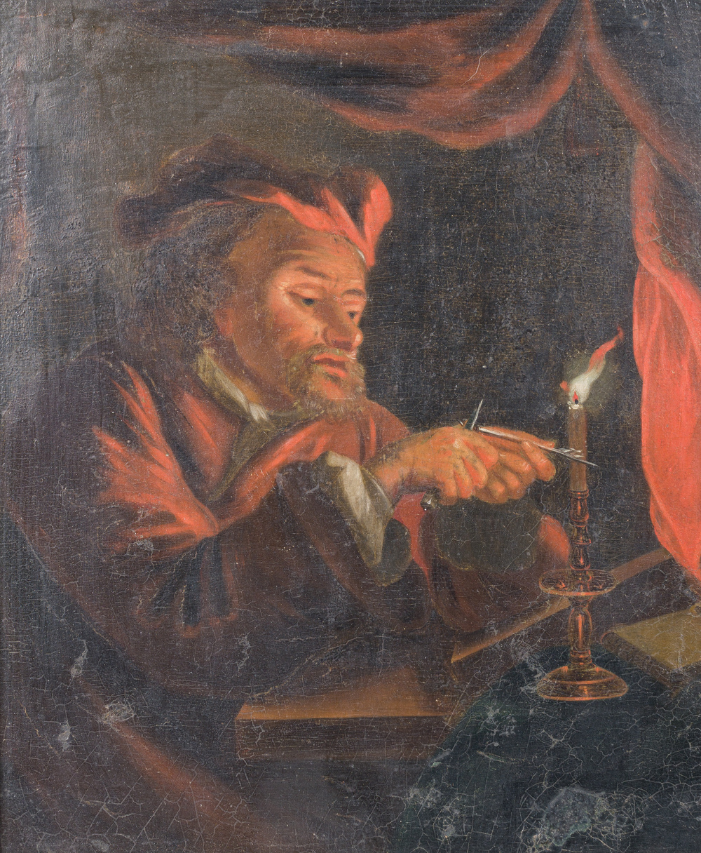Ecole hollandaise: Aiguiser la plume &agrave; la lueur d'une bougie, huile sur panneau, fin du 18&egrave;me si&egrave;cle