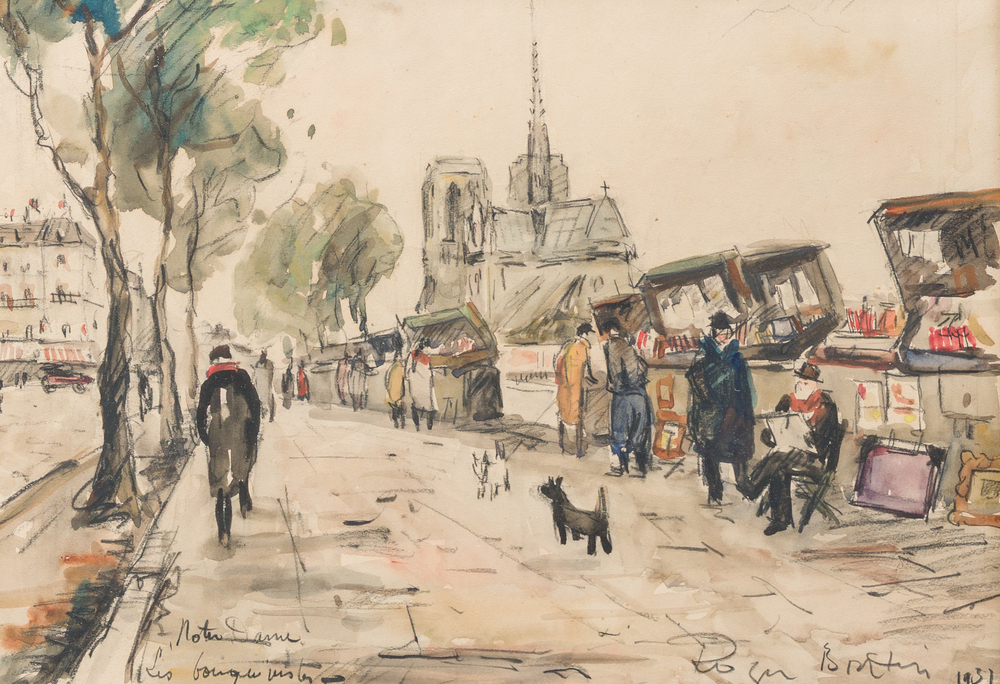 Roger Bertin (1915-2003): 'Notre Dame les bouquinistes', techniques mixtes sur papier, dat&eacute; 1937
