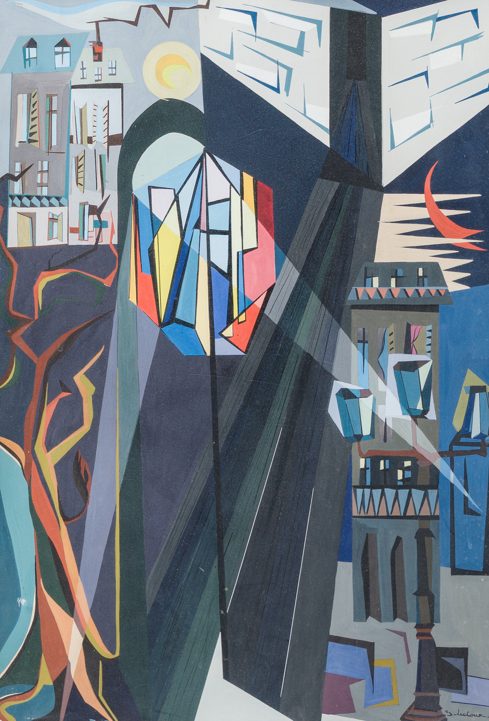 G. Lecloux (20&egrave;me si&egrave;cle): Paysage urbain de jour et de nuit, huile sur papier