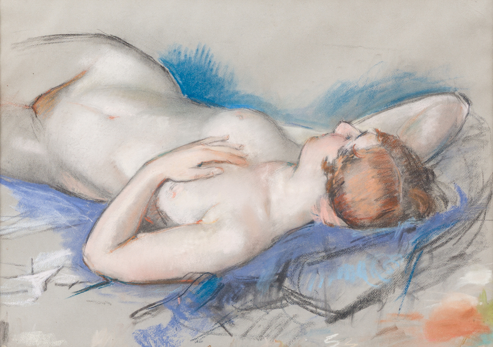 &Eacute;cole fran&ccedil;aise: Nu f&eacute;minin allong&eacute;, pastel sur papier, 19&egrave;me/20&egrave;me si&egrave;cle