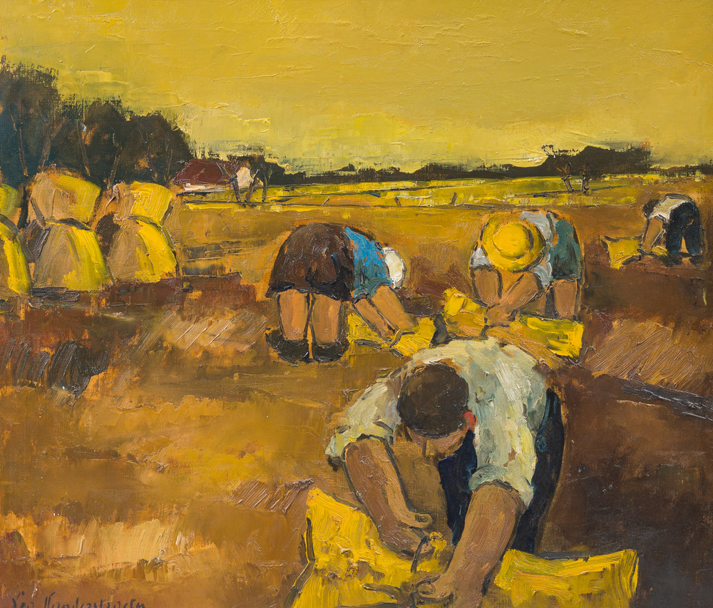 Lea Vanderstraeten (1929): La r&eacute;colte du grain, huile sur toile