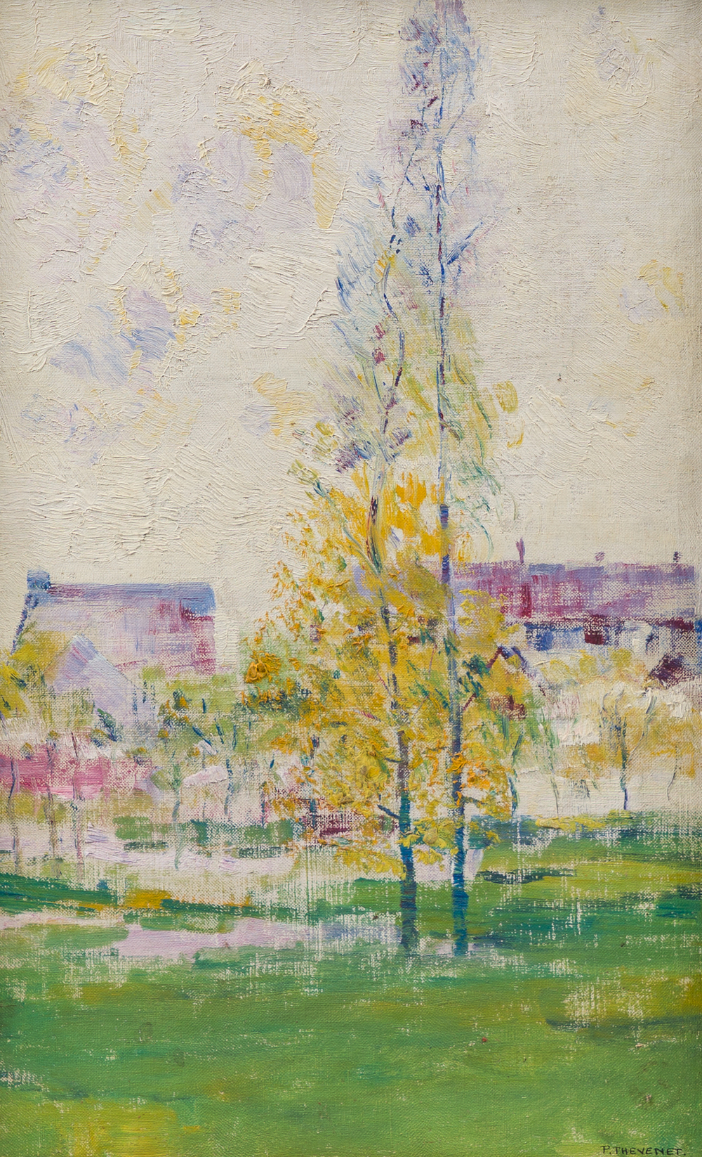 Pierre Thevenet (1870-1937, &agrave; la mani&egrave;re de): Deux peupliers dans un paysage, huile sur toile