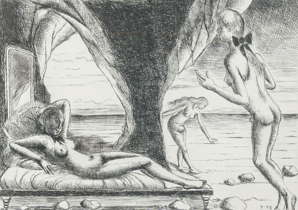 Paul Delvaux (1897-1994): 'Le navire &agrave; sacrifices' from the series 'Construction d&rsquo;un temple en ruine &agrave; la d&eacute;esse Vanad&eacute;', etching, dated (19)72