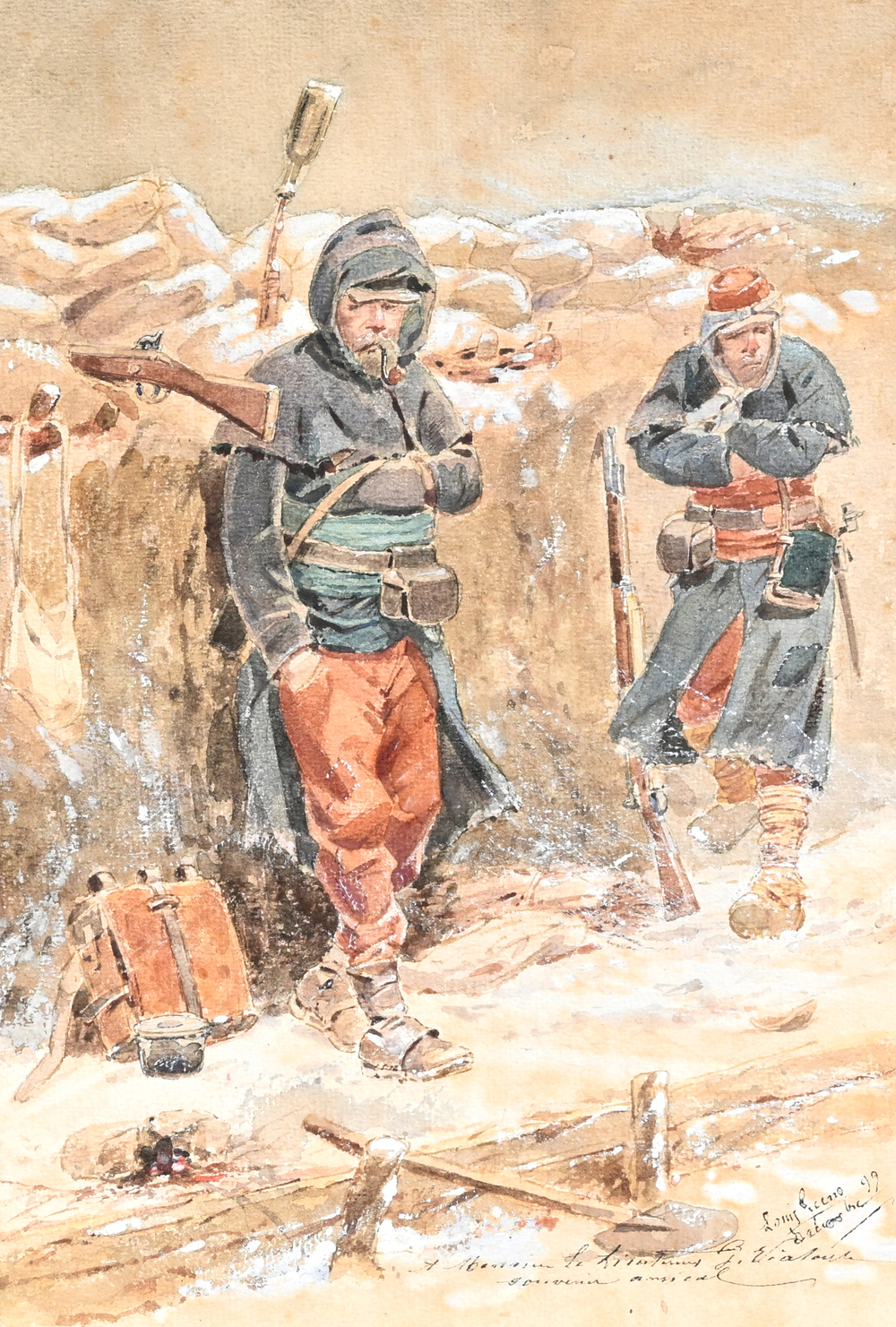 Louis Geens (1835-1906): Soldaten in een loopgraaf in wintertijd, aquarel op papier, gedateerd (18)99