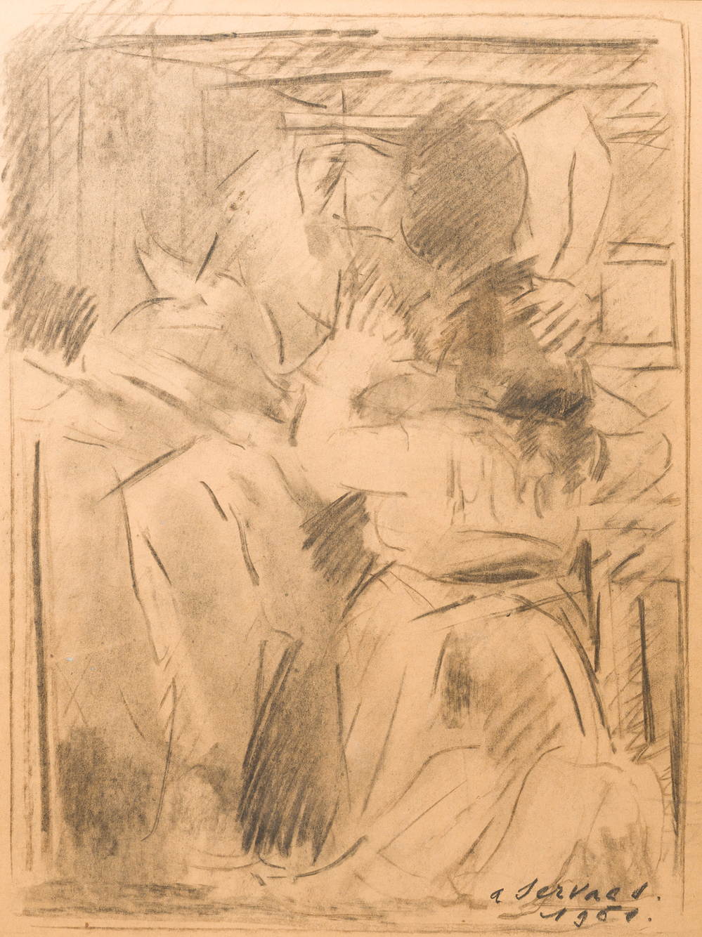 Albaert Servaes (1883-1966): The reconciliation, charcoal on paper, dated 1951