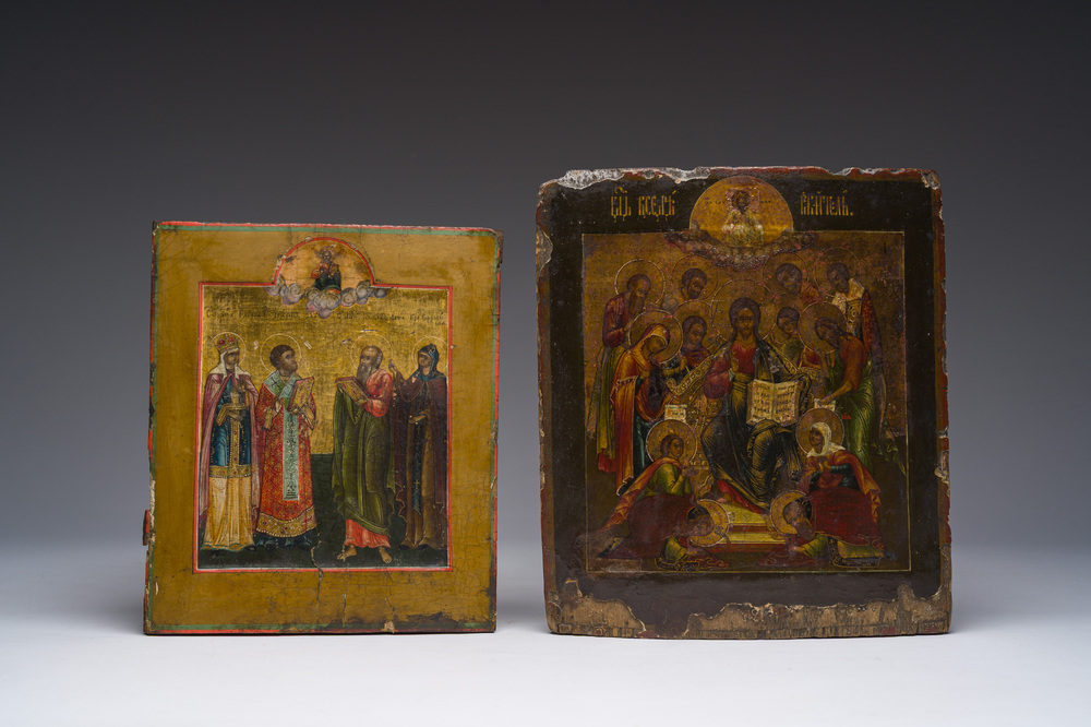 Two Russian orthodox icons, 'Extended De&euml;sis' and 'Four Saints', 18th/19th C.