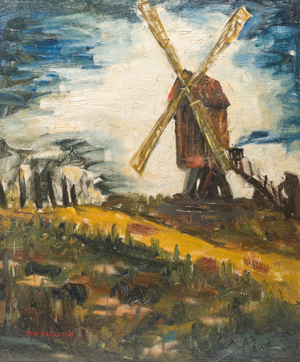 Isidore Opsomer (1878-1967): Paysage au moulin, huile sur board