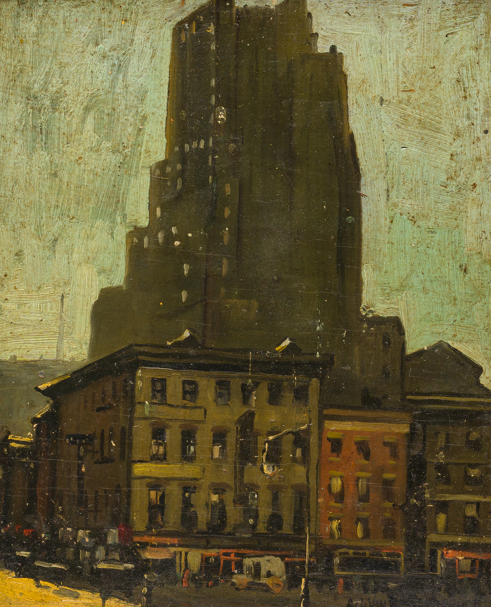Achille Van Sassenbrouck (1886 - 1979): Building in New York, oil on board, (1929)