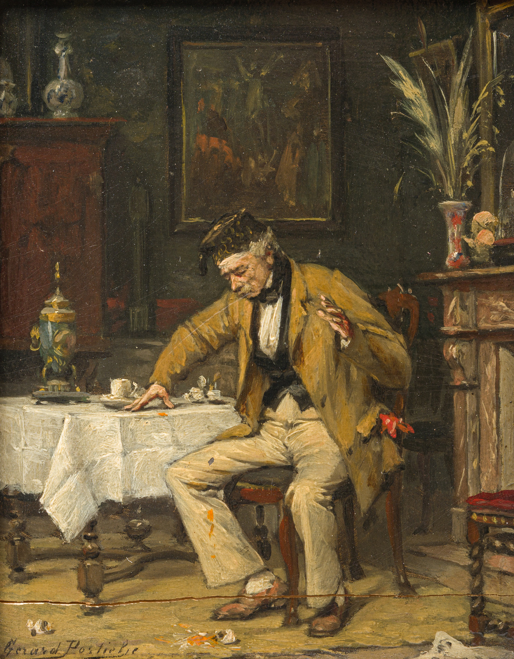 G&eacute;rard Jozef Portielje (1856-1929): L'oeuf cass&eacute;, huile sur panneau