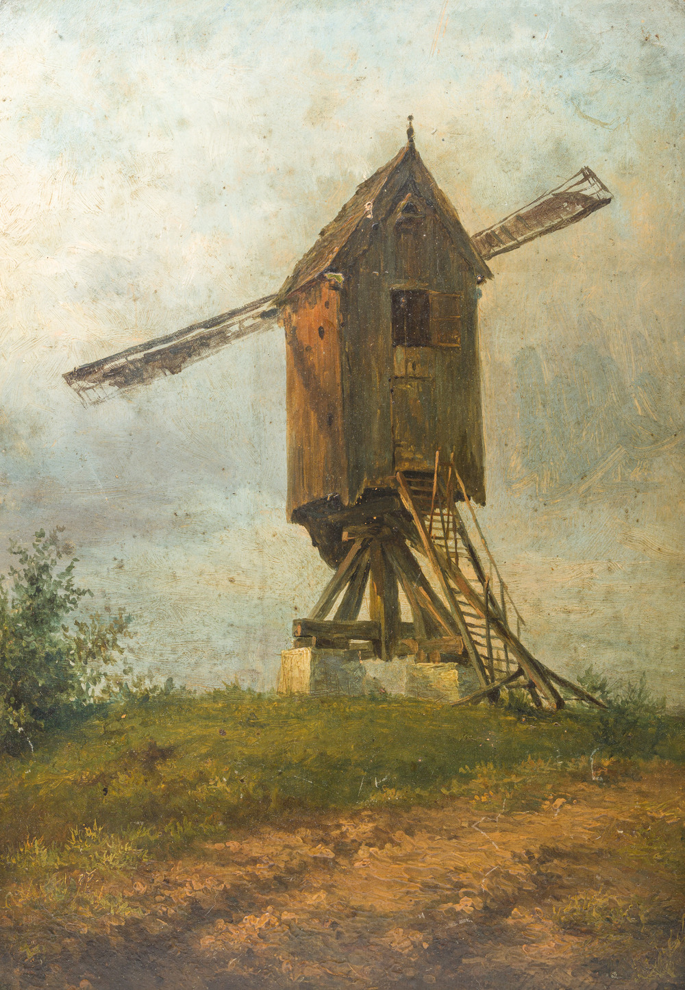 Xavier De Cock (1818-1896): Zicht op de grote staakmolen op de Molenberg te Deurle, olie op paneel