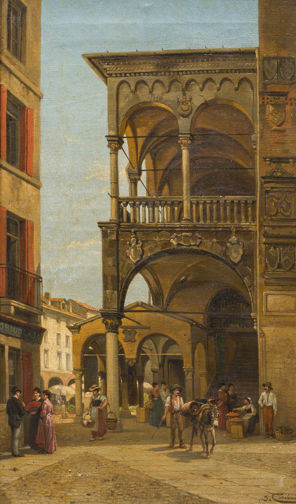 Jacques Fran&ccedil;ois Carabain (1834-1933): 'Une vue de la Piazza d'Erbe &agrave; Padoue' (Piazza delle Erbe, Padua), olie op doek