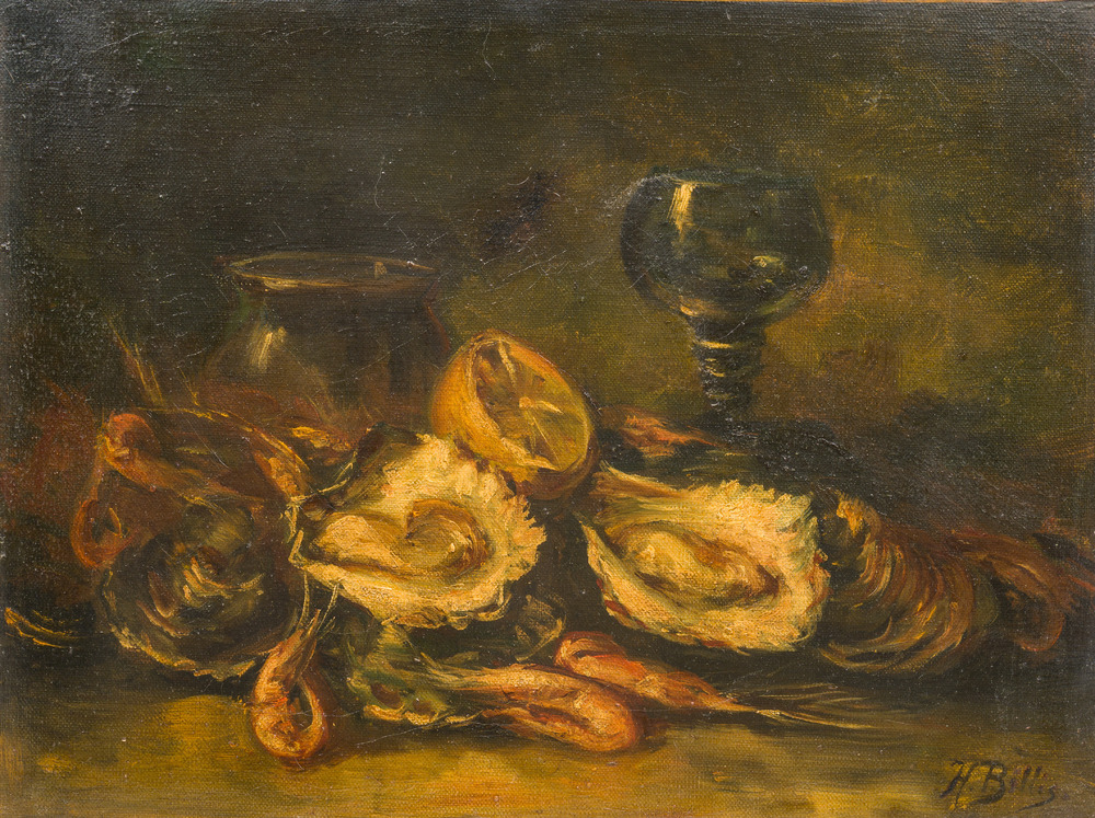 Hubert Bellis (1831-1902): Stilleven met glas en schaaldieren, olie op doek