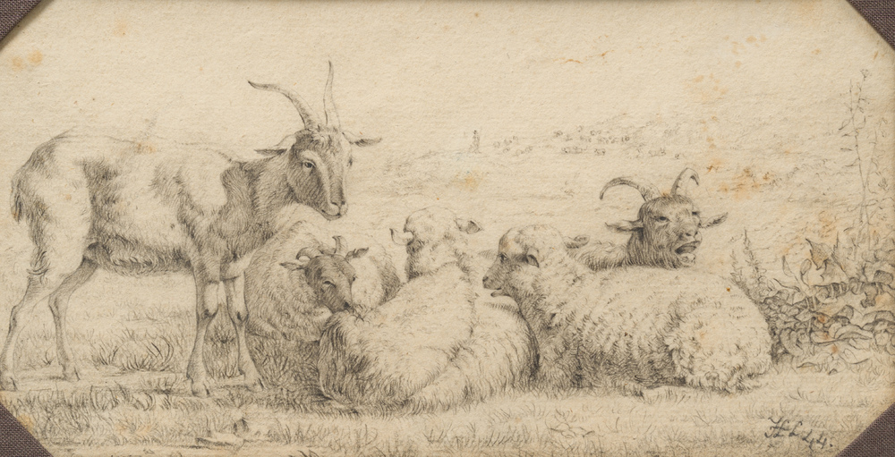 Belgian school, monogrammed (possibly H.L. for Henri Leys, 1815-1869): Sheep and goats in a landscape, pencil on paper, dated (18)44