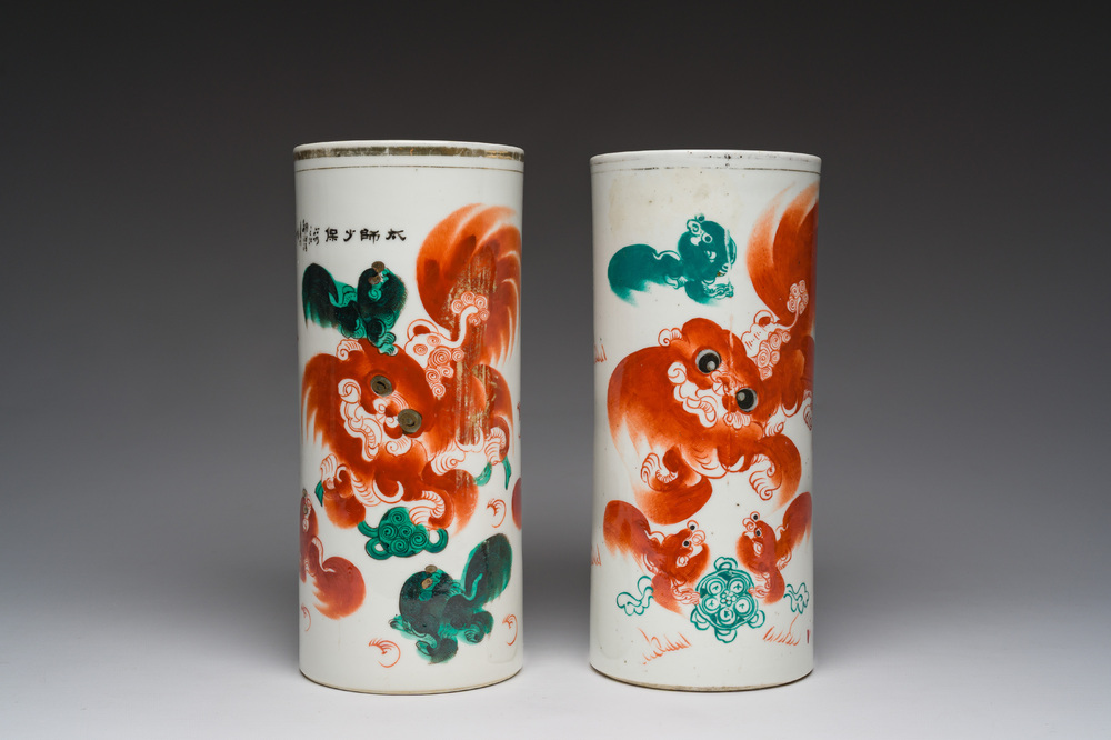 Two Chinese iron-red 'Buddhist lions' hat stands, 19th/20th C.