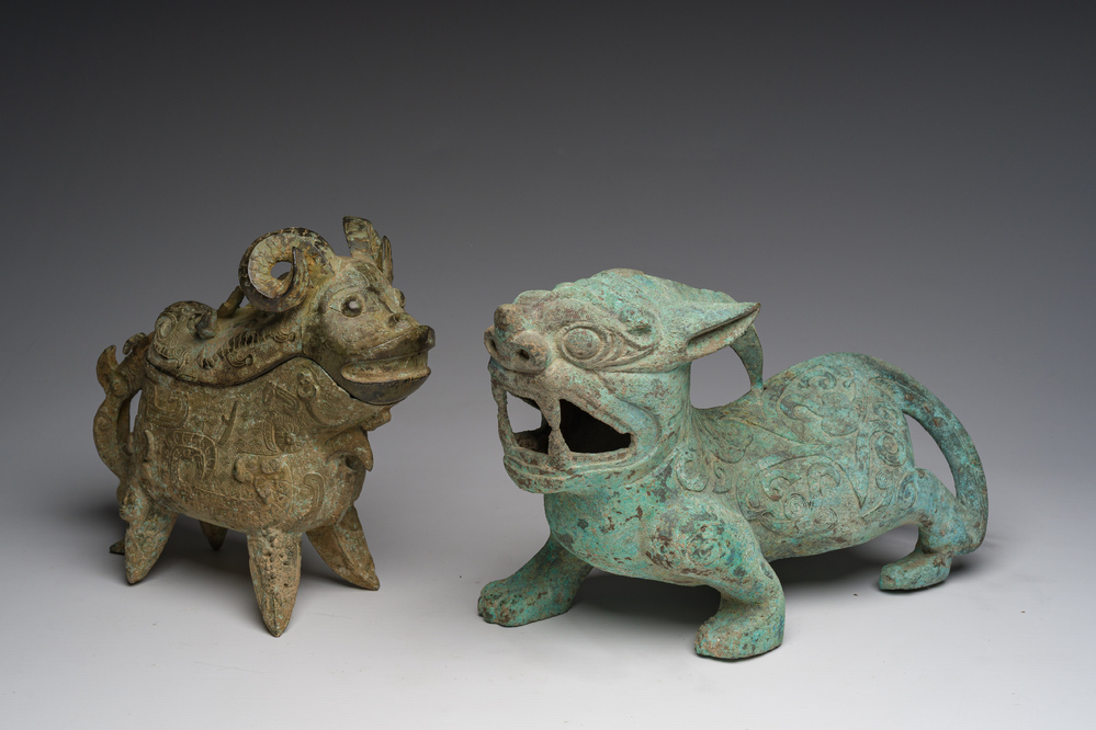 A Chinese bronze mythical animal and a 'guang' ewer, 20th C.