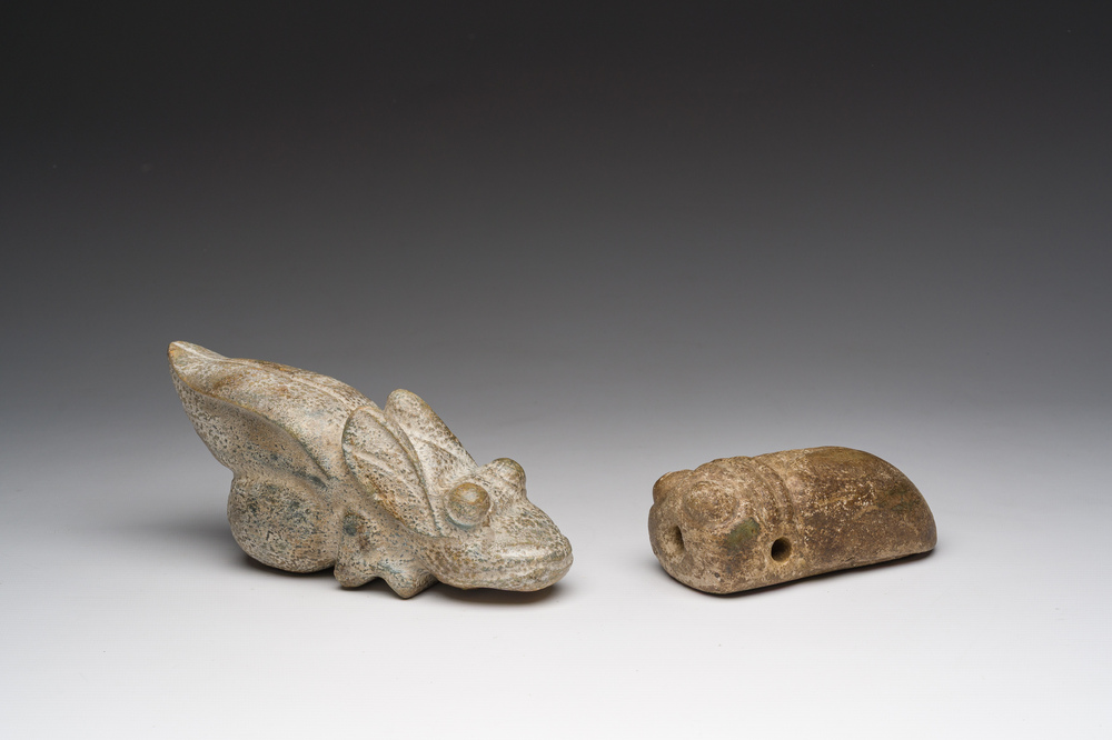 Two Chinese calcified jade sculptures of cicada, possibly Zhou to Han