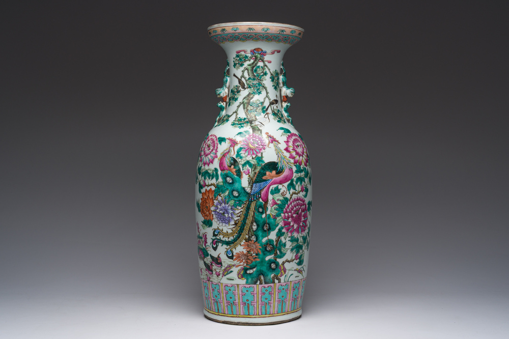 A Chinese famille rose vase with phoenixes and pheasants among blossoming branches, 19th C.