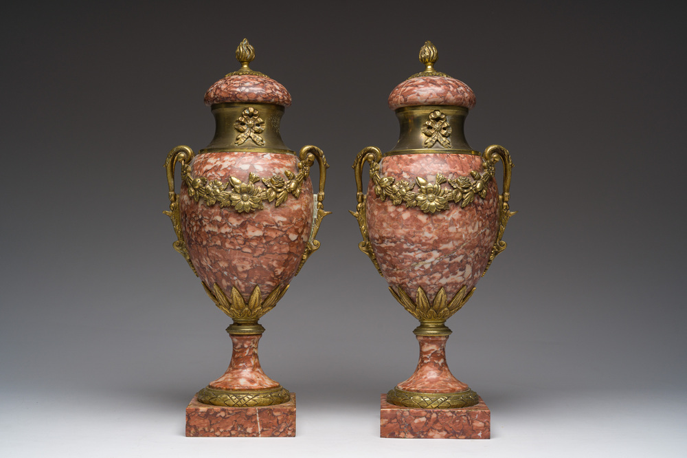 A pair of gilt bronze mounted red marble cassolettes, 19th/20th C.