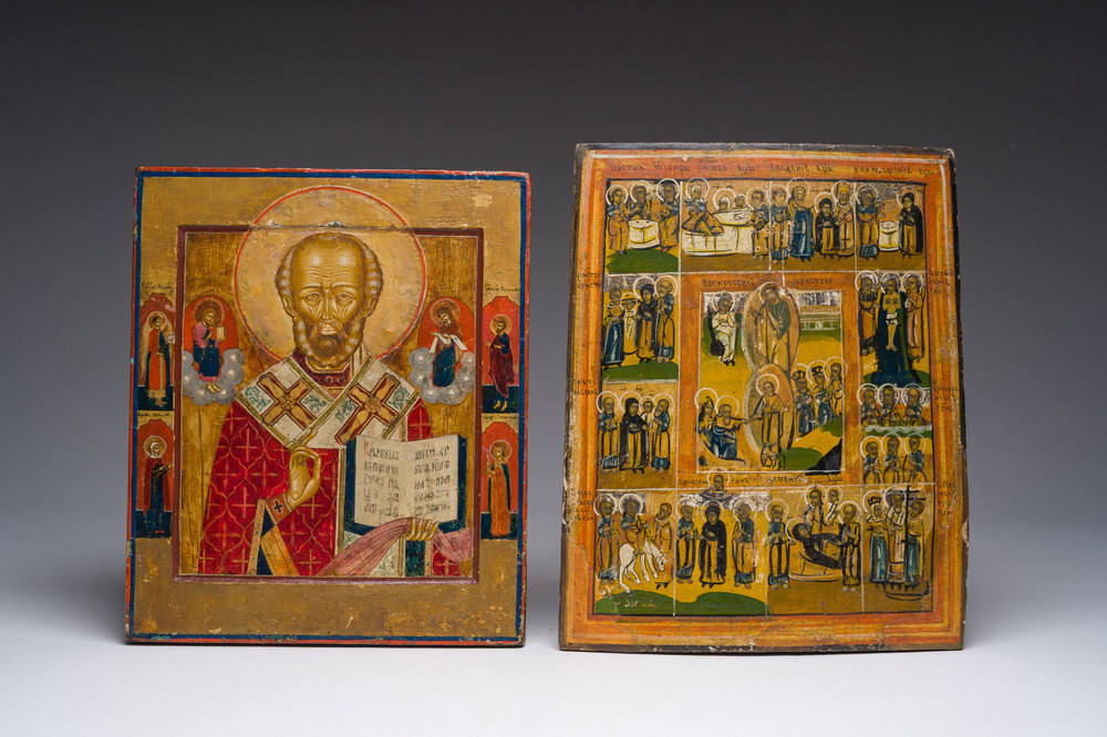 Two Russian orthodox icons, 'Saint Nicholas' and 'Festival', 19th C.