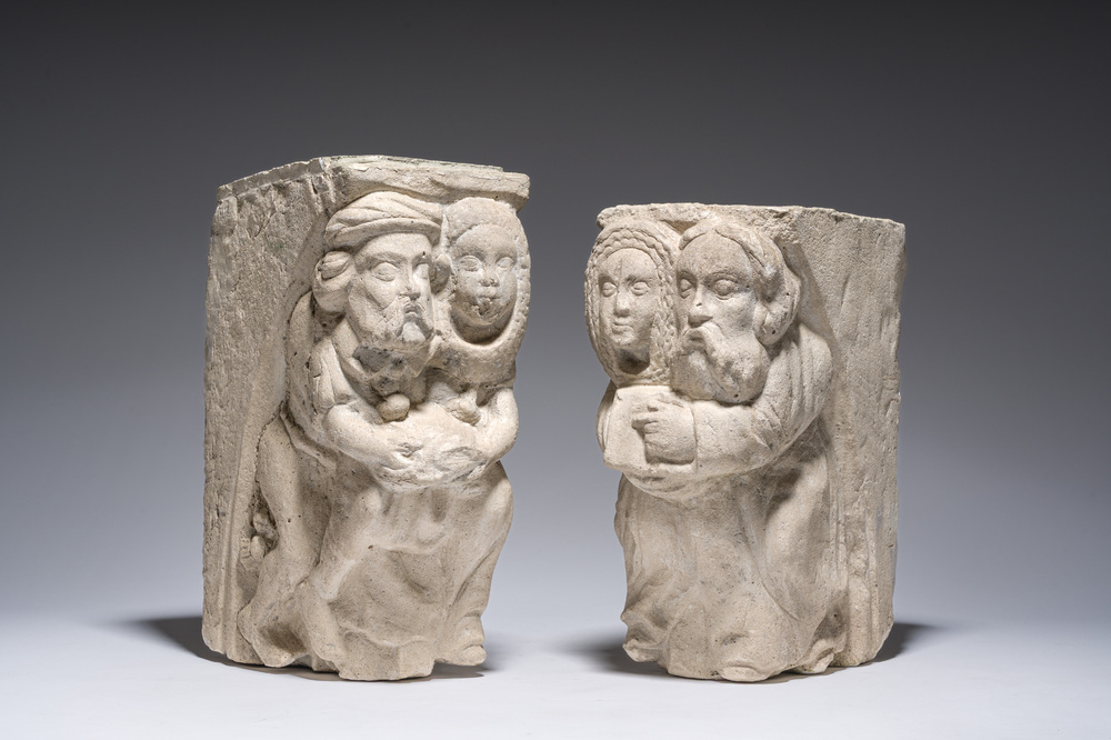 Een paar allegorische kraagstenen in zandsteen, Vlaanderen of Frankrijk, 15de eeuw