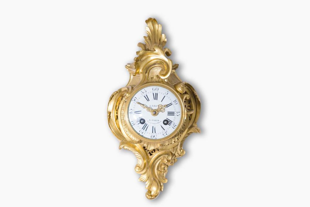 A fine French gilt bronze Louis XV style cartel clock with floral design, Leroy &agrave; Paris, 19th C.