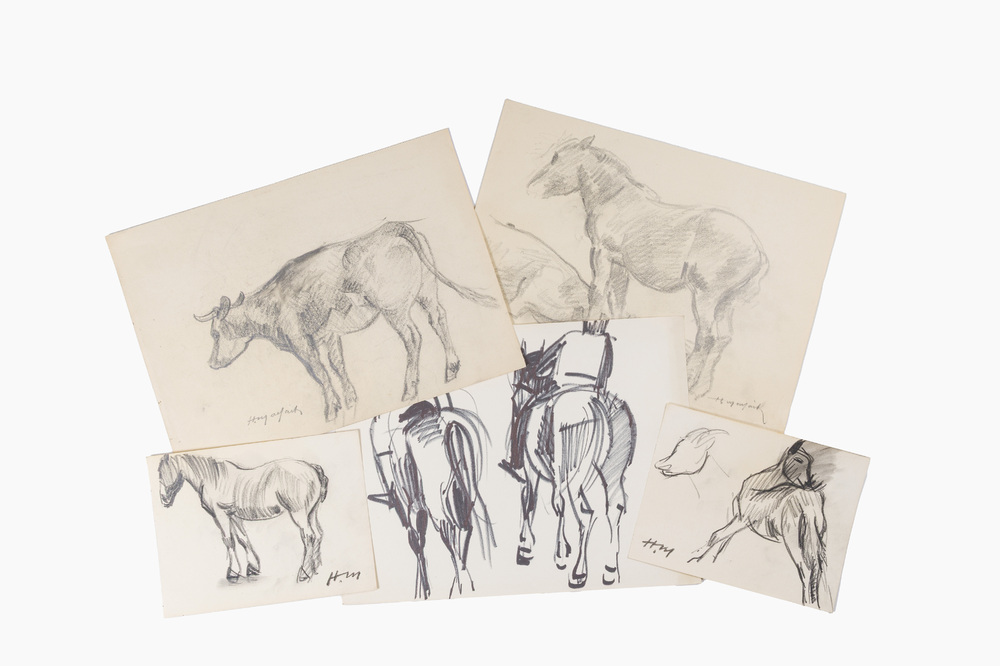 Hubert Malfait (1898-1971): Five various design drawings with animals, mixed media on paper