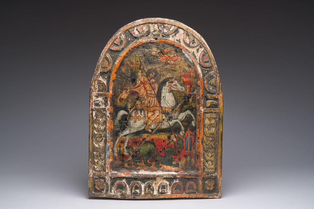 A Greek orthodox 'Saint George and the dragon' icon, 19th C.