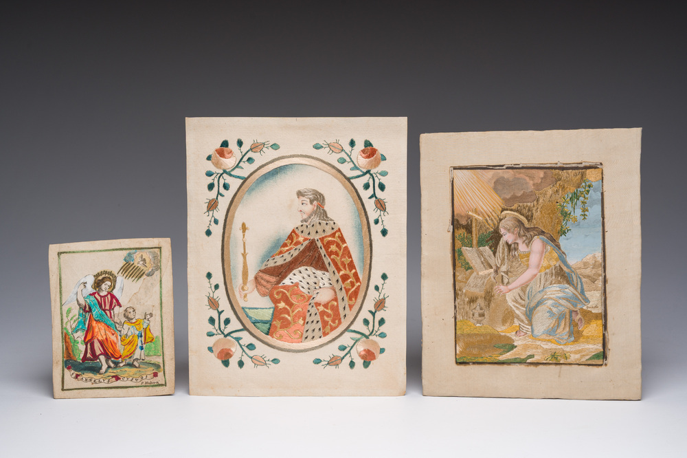Two embroidered miniatures and a hand coloured miniature engraving, 17th/18th C.