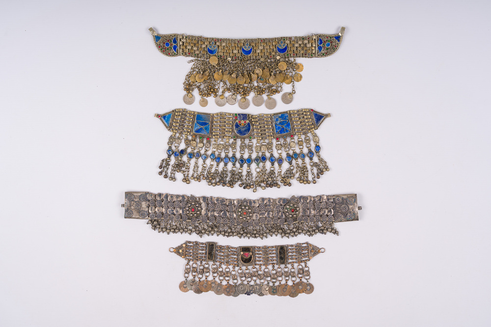 Three necklaces and a silver wedding tiara, Afghanistan and Yemen, 19th C.