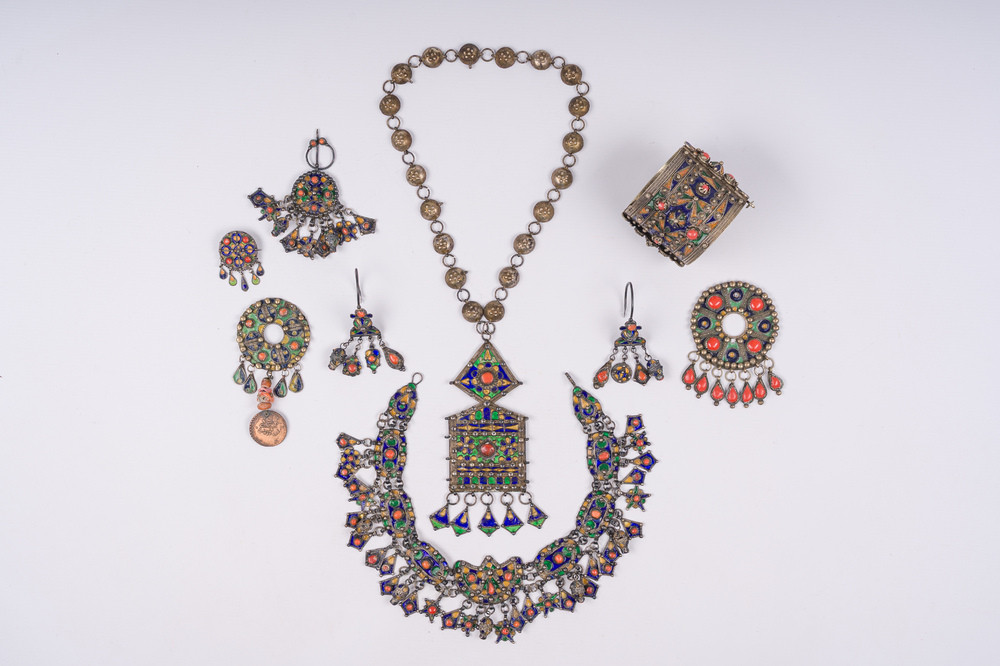 A collection of silver, coral and enamel jewelry, Algeria, 19th/20th C.