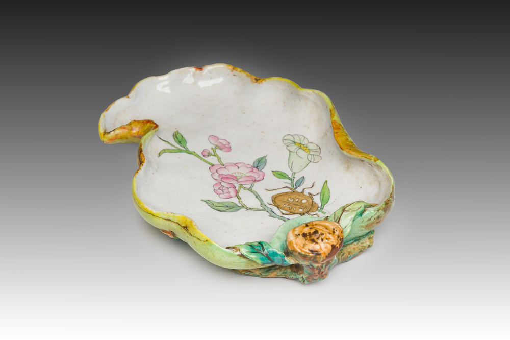 A Chinese famille rose leaf-shaped brush washer, Qianlong mark, 20th C
