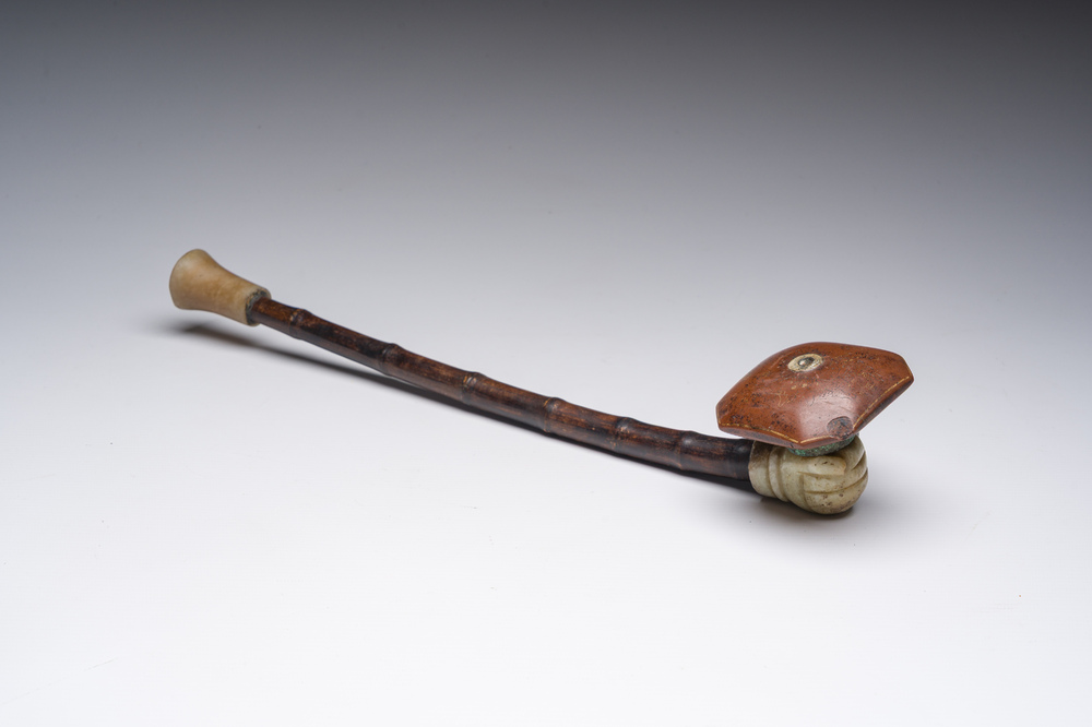 A Chinese soapstone and bamboo opium pipe, 19th C.