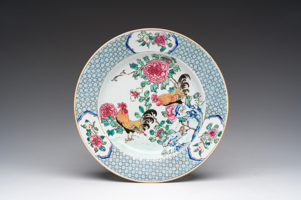A Chinese famille rose 'roosters' plate, Yongzheng