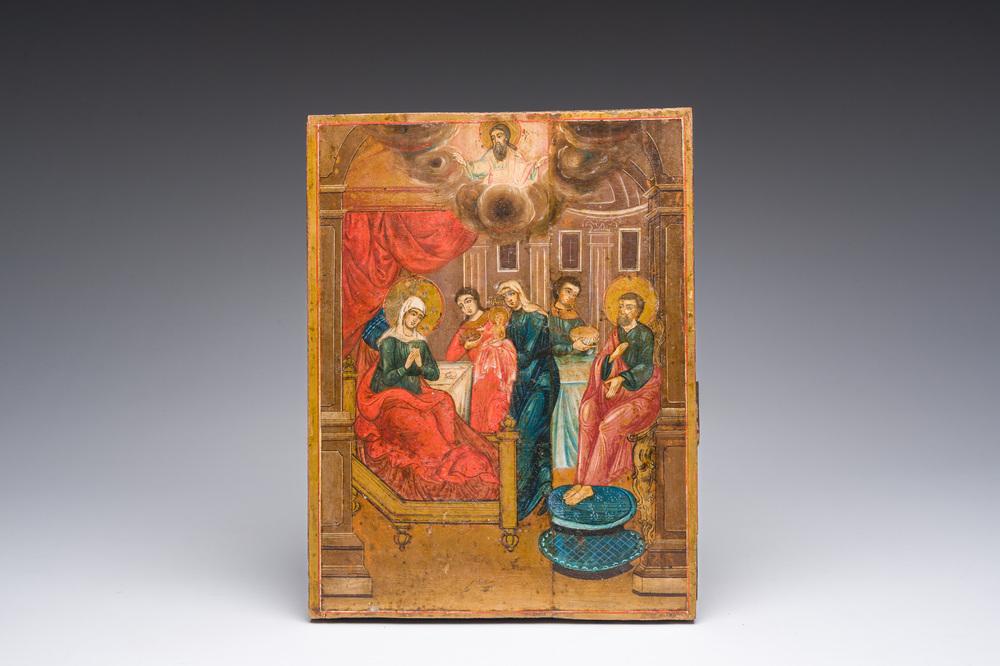 A Russian orthodox 'The birth of Mary' icon, 19th C.
