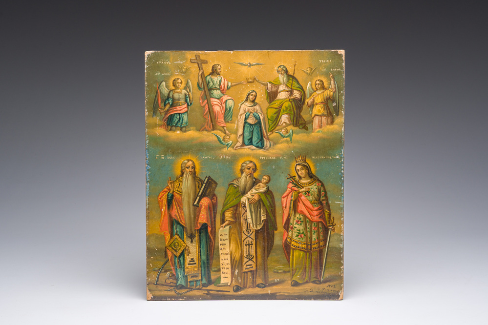 A presumably Romanian orthodox icon, 'The Assumption of Mary', signed Teodorescu, dated 1863