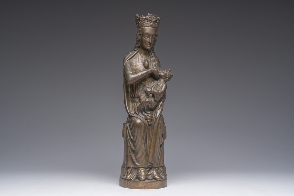 A Gothic Revival gilt bronze sculpture of the Virgin with Child, 19th C.