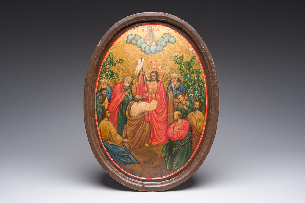 An oval Russian orthodox icon, 'Doubting of Thomas', first half 19th C.