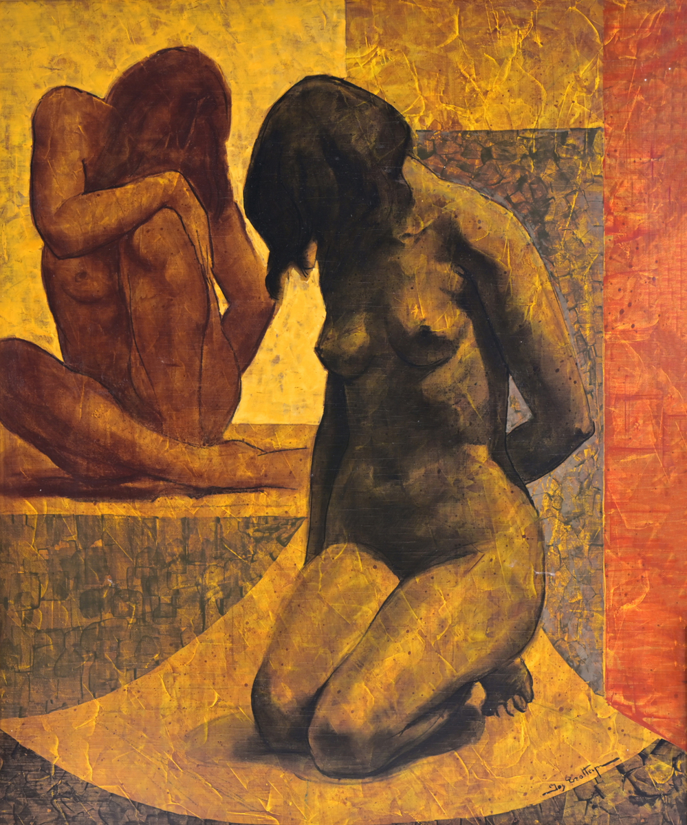 Jos Trotteyn (1910-2002): 'Twee ingetogen figuren', tempera op board