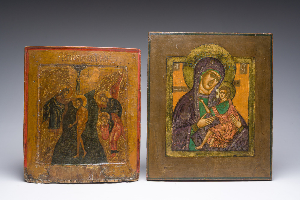 Two Russian orthodox icons, 'Mother of God' and 'Baptism of the Lord' (Theophany), 19th C.