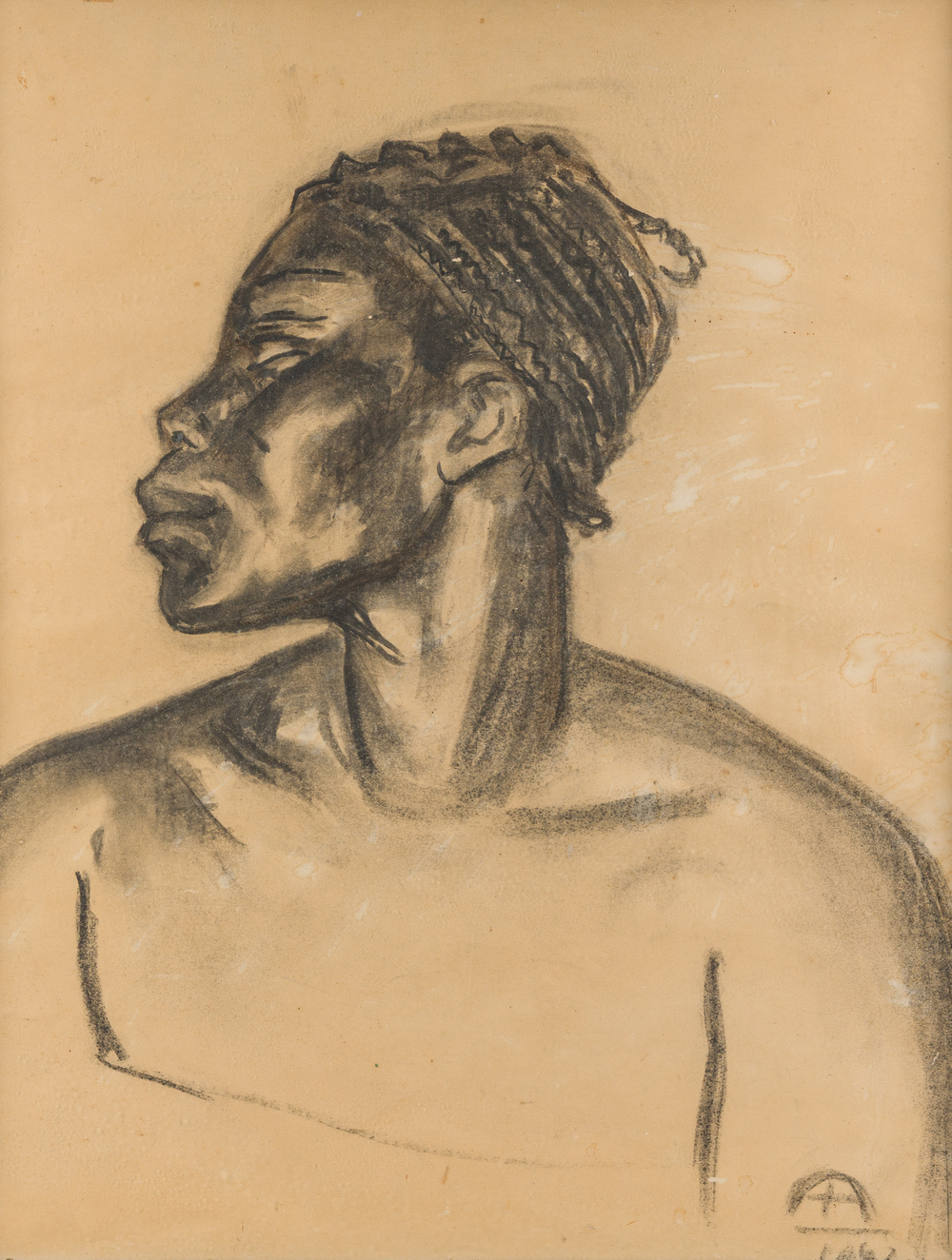 Monogramm&eacute; A.M. (?, probablement Auguste Mambour, 1896-1968): Portrait d'une dame africaine, fusain sur papier, dat&eacute; 1942